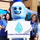 water bottle mascot holding imagine a day without water poster