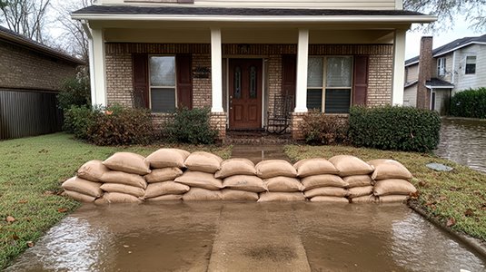 Photo of house with sandbags and flooding.