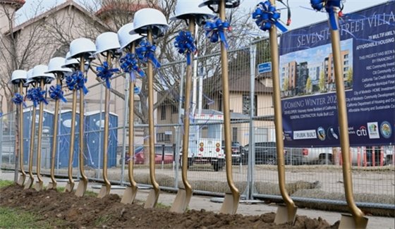 Visionary Home Builders shovels in the ground at the groundbreaking ceremony for 7th Street Village affordable housing project in downtown Modesto. 