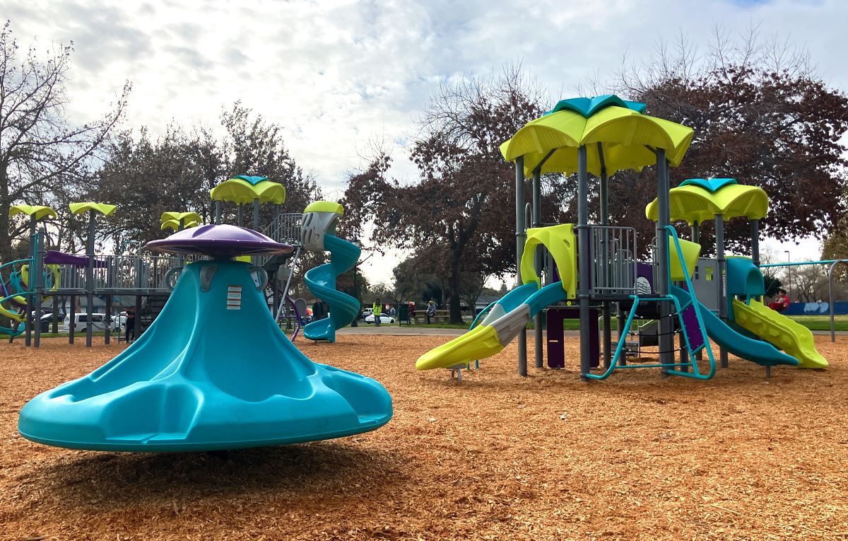 Newly renovated playground equipment at Aqueduct Park. 